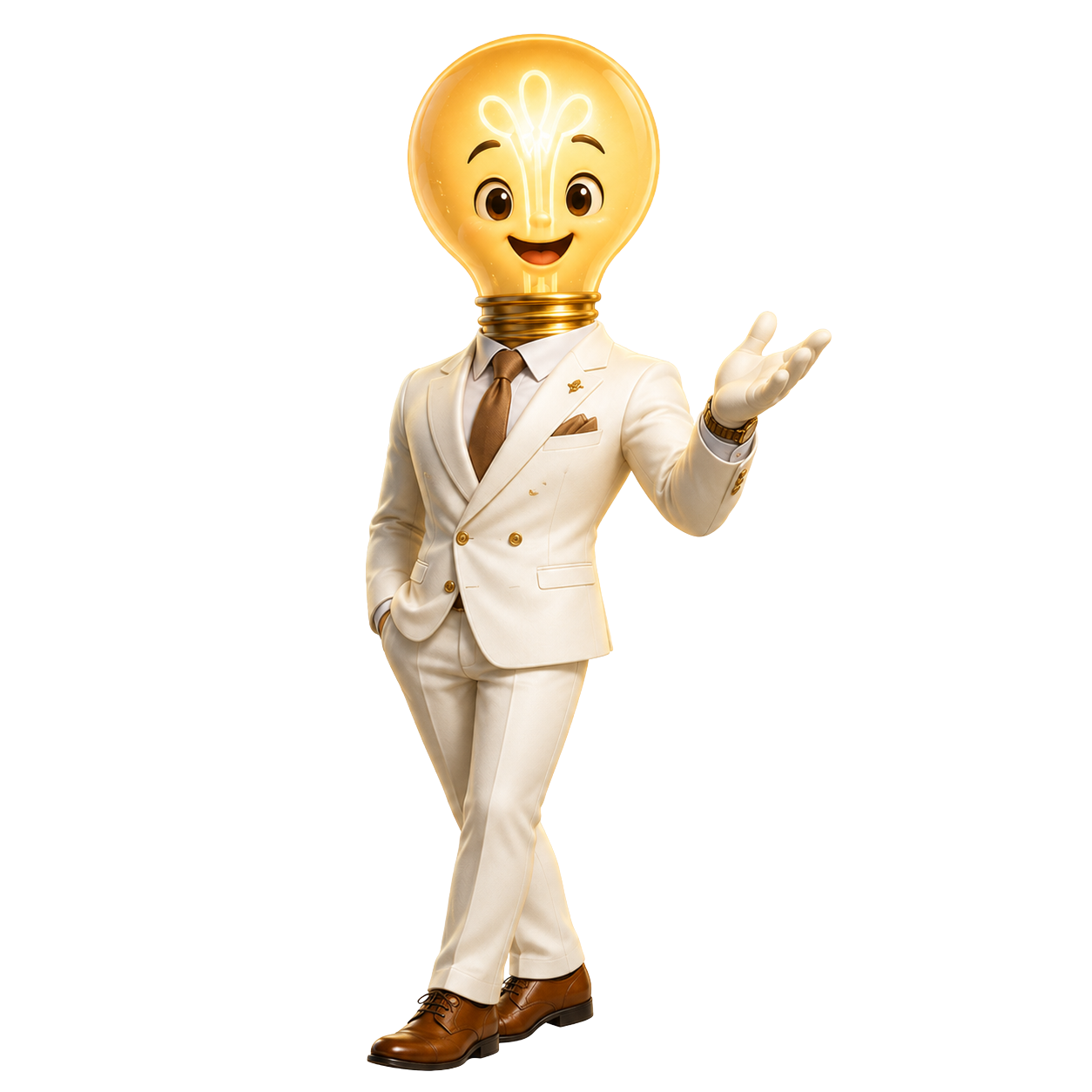 Kenny, your AI guide, in a white business suit